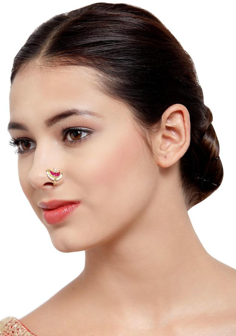 Gold Plated And White Kundan Studded Nose Pin