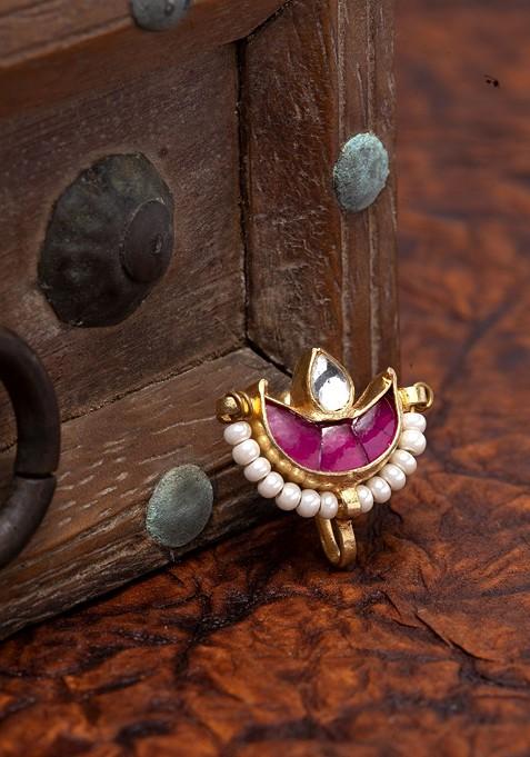 Gold Plated And White Kundan Studded Nose Pin