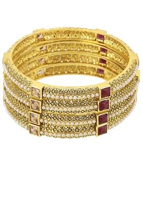 Set Of 4 24 CT Gold Plated White And Red Stone Studded Pearl Embellished Handcrafted Bangles