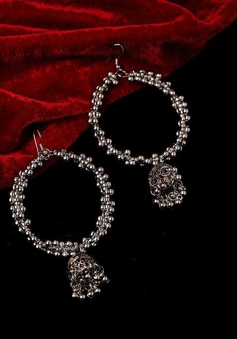 Silver Toned Oxidized Contemporary Jhumkas