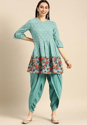 Women Turquoise Blue And White Printed Kurti With Dhoti Pants
