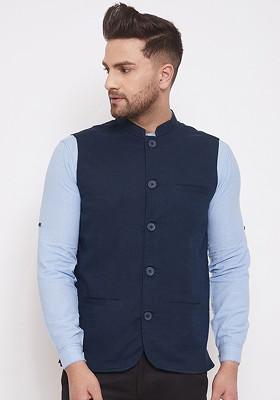 Men Navy Blue Solid Woven Nehru Jacket