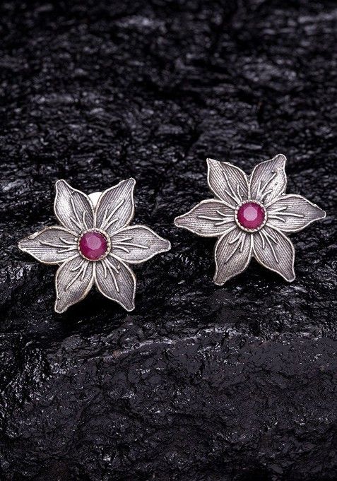 Silver Toned And Pink Floral Studs