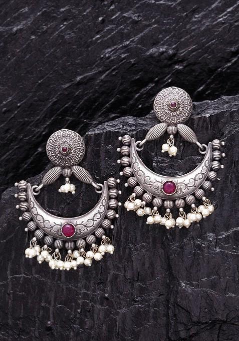 Silver Plated And Pink Crescent Shaped Drop Earrings