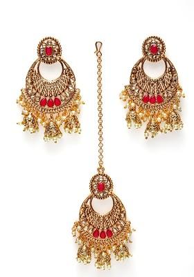 Gold Plated Red And White Stone Studded And Beaded Handcrafted Maang Tika With Earring Set