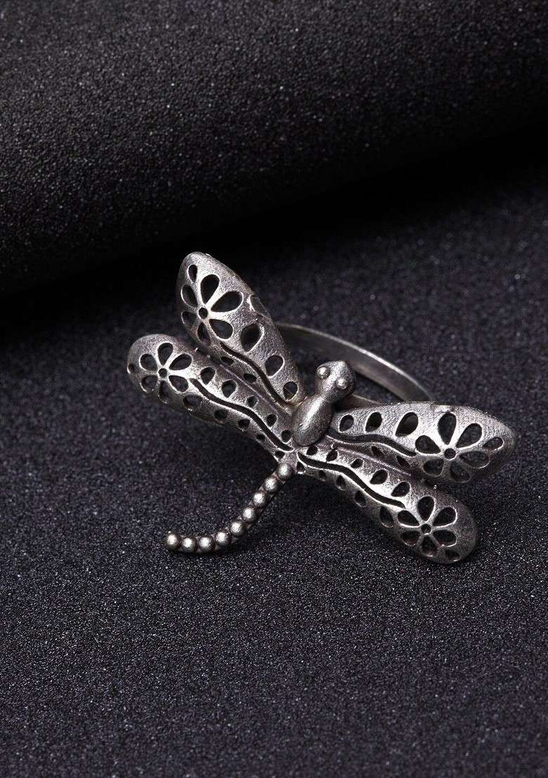 Oxidised Silver Plated Adjustable Finger Ring - Indya