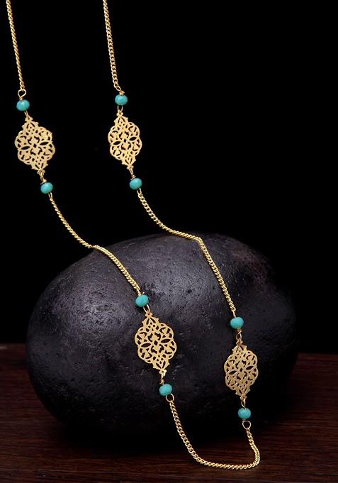 Gold Plated And Blue Glass Stone Embellished Handcrafted Necklace