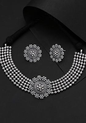 Oxidised Silver Plated Choker Necklace With Earrings Set
