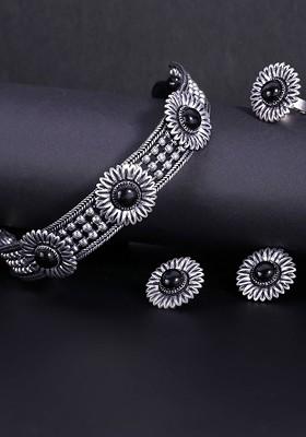 Oxidised Brass Plated Silver Toned And Black Stone Studded Jewellery Set