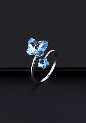Rhodium Plated Blue Swarovski Crystal Studded Handcrafted Finger Ring