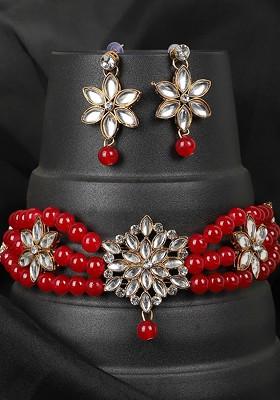 Gold Plated Red Pearl Beaded And White Stone Studded Jadau Jewellery Set