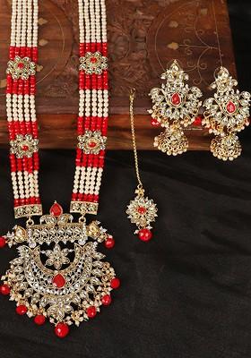 Gold Plated Red And White Pearl Beaded And Red And White Kundan Studded Jadau Jewellery Set