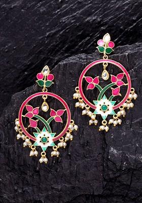 Gold Toned And Pink  Enamelled Floral Drop Earrings