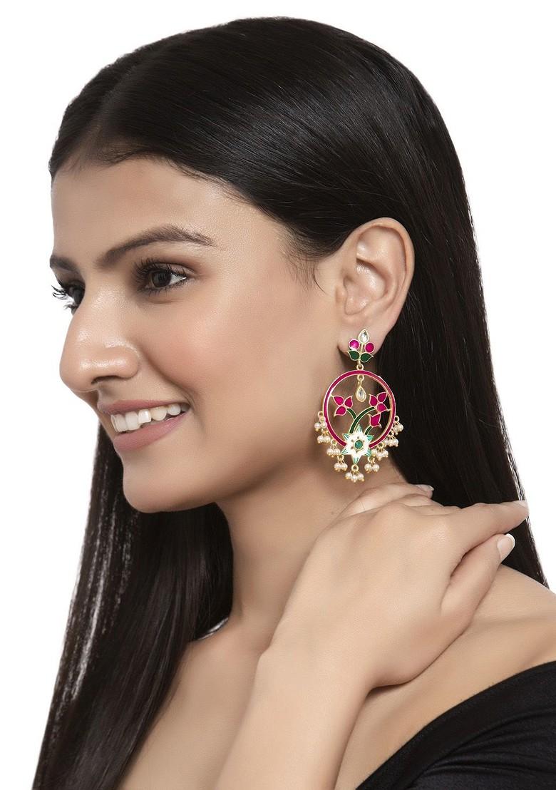 Gold Toned And Pink Enamelled Floral Drop Earrings