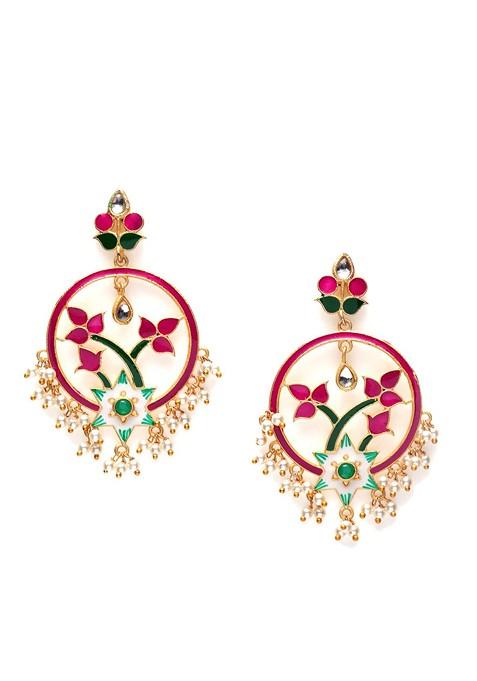 Gold Toned And Pink Enamelled Floral Drop Earrings