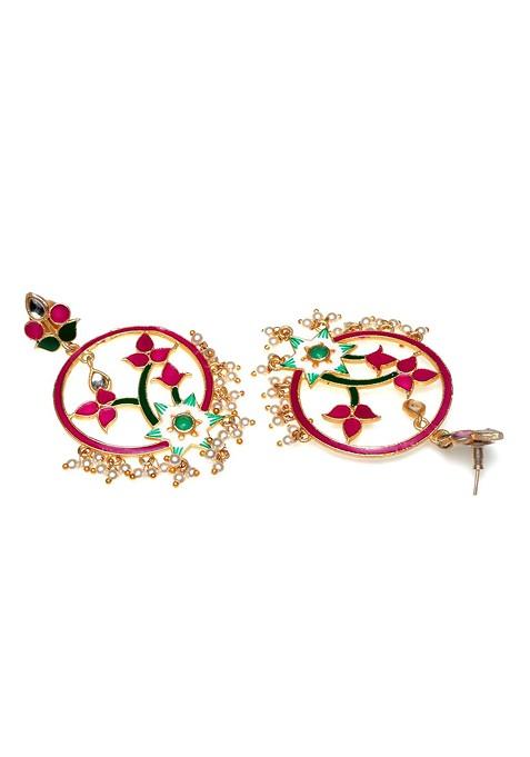 Gold Toned And Pink Enamelled Floral Drop Earrings