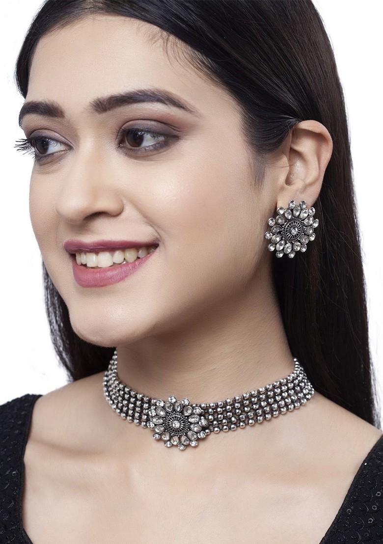 Oxidized Silver Plated White CZ Studded Jewellery Set