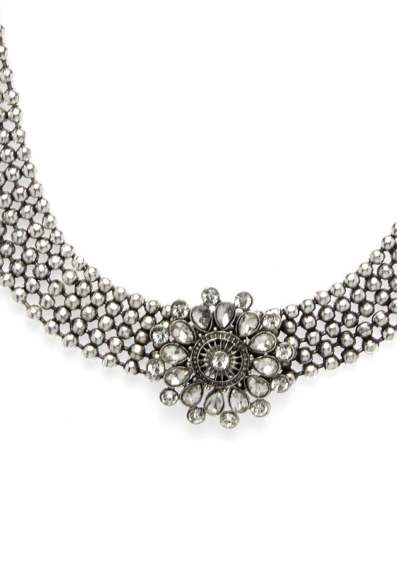 Oxidized Silver Plated White CZ Studded Jewellery Set