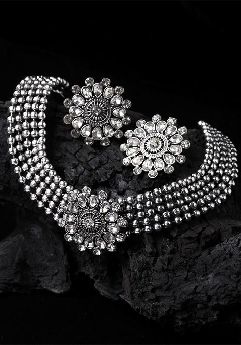 Oxidized Silver Plated White CZ Studded Jewellery Set