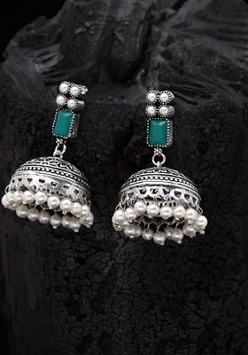 Silver Plated And Green Oxidised Jhumkas