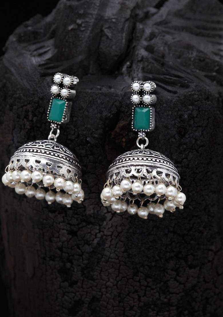 Silver Plated And Green Oxidised Jhumkas - Indya