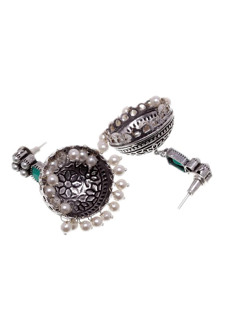 Silver Plated And Green Oxidised Jhumkas