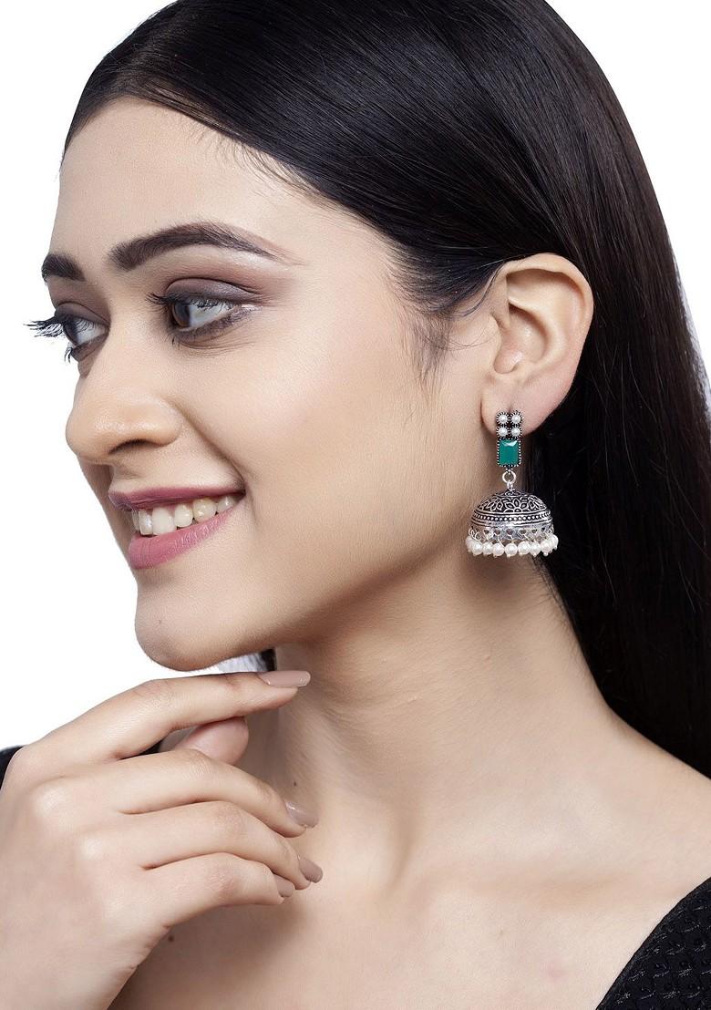Silver Plated And Green Oxidised Jhumkas