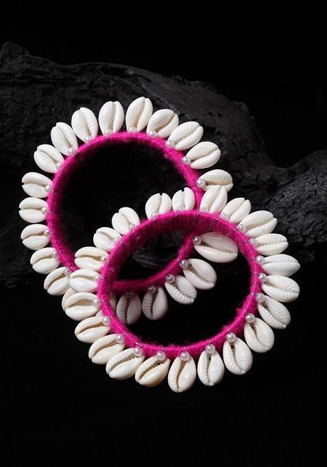 Set Of 2 Pink And Off White Silk Thread Shell Handcrafted Bangles