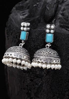 Silver Plated And Turquoise Blue Oxidised Jhumkas