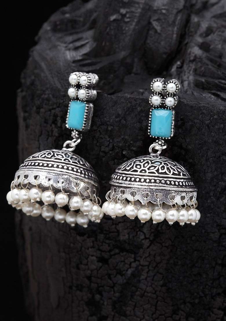 Silver Plated And Turquoise Blue Oxidised Jhumkas - Indya
