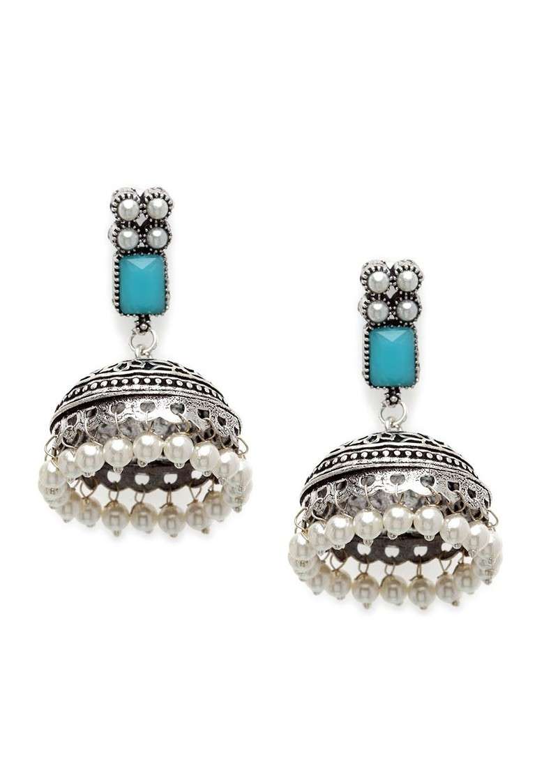 Silver Plated And Turquoise Blue Oxidised Jhumkas - Indya