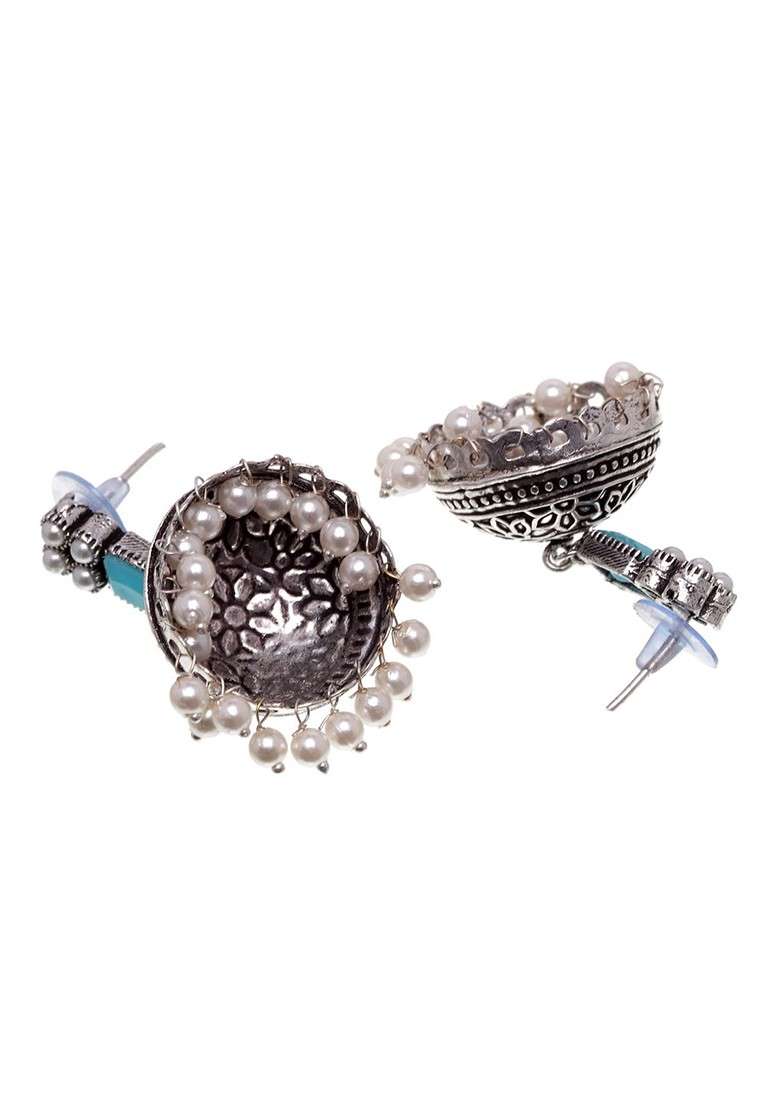 Silver Plated And Turquoise Blue Oxidised Jhumkas - Indya