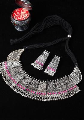 Oxidised Silver Toned And Pink Stone Studded Jewellery Set