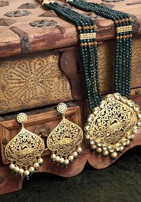 Gold Plated Green And Off White Kundan Studded Beaded Handcrafted Jewellery Set