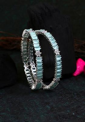 Set Of 2 24 KT Silver Plated And Green Cz Studded Handcrafted Bangles
