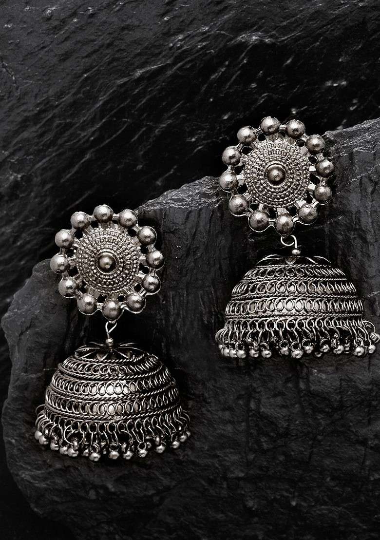 Silver Toned Dome Shaped Jhumkas - Indya
