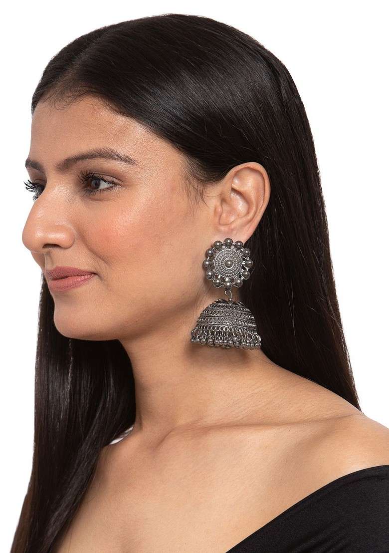 Silver Toned Dome Shaped Jhumkas - Indya