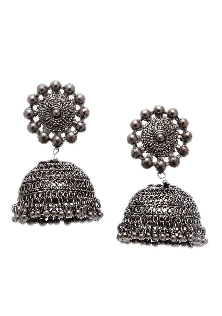 Silver Toned Dome Shaped Jhumkas - Indya