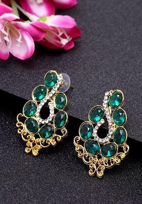 Green And Gold Plated Teardrop Shaped Drop Earrings