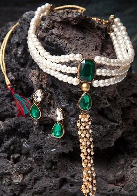 Gold Plated Green And White Stone Studded Pearl Embellished Handcrafted Jewellery Set