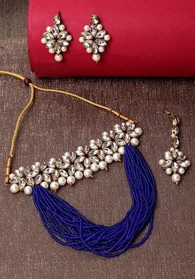 Gold Plated White And Blue Kundan Studded Pearl Beaded Layered Jewellery Set