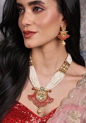 Gold Plated White And Red Handcrafted Kundan Studded And Beaded Jewellery Set