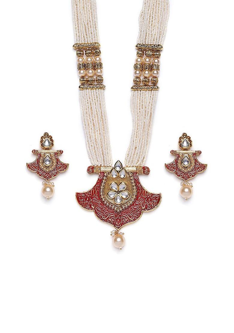 Gold Plated White And Red Handcrafted Kundan Studded And Beaded Jewellery Set - Indya