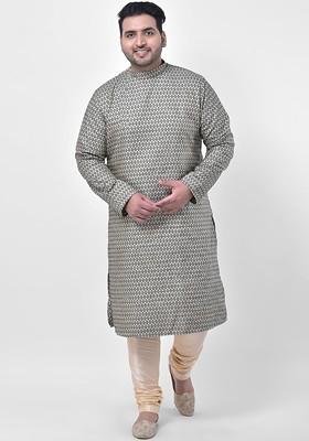 Size Men Off White Ethnic Motifs Printed Angrakha Kurta With Churidar