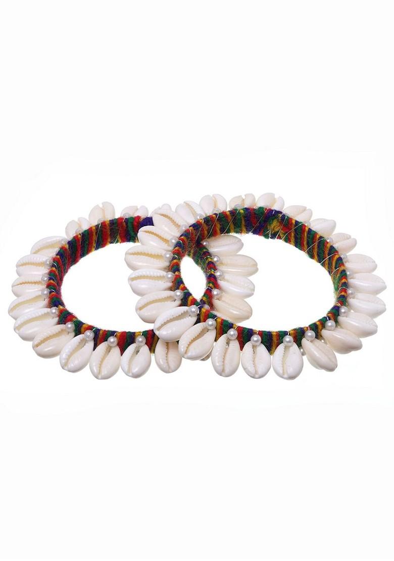 Set Of 2 White And Yellow Silk Thread Shell Handcrafted Bangles