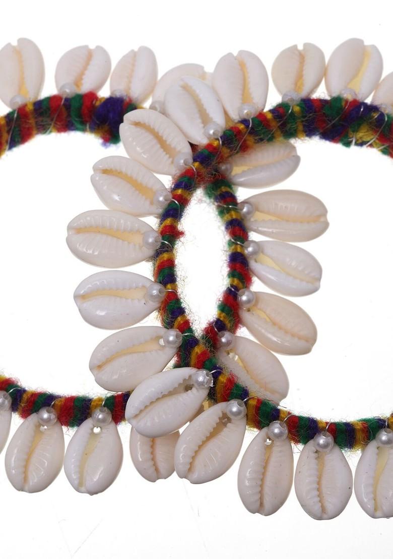 Set Of 2 White And Yellow Silk Thread Shell Handcrafted Bangles