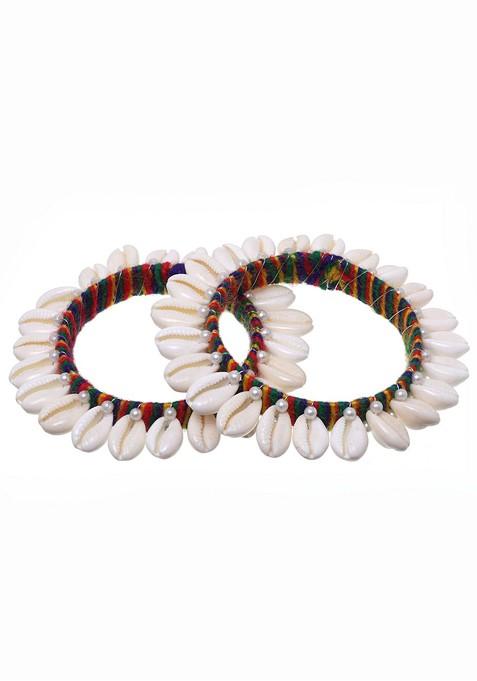 Set Of 2 White And Yellow Silk Thread Shell Handcrafted Bangles