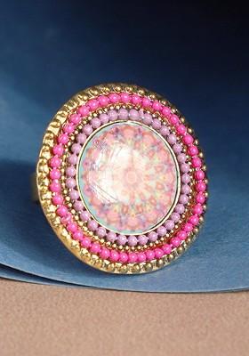 Gold Plated Pink Beaded Enamelled Adjustable Finger Ring