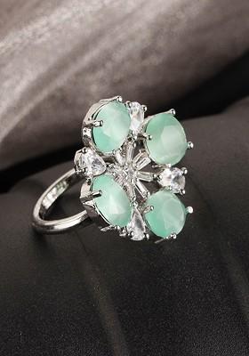 Silver Plated Sea Green And White AD Studded Finger Ring