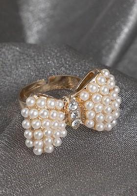 Gold Plated White Stone And Pearl Studded Bow Shape Adjustable Finger Ring